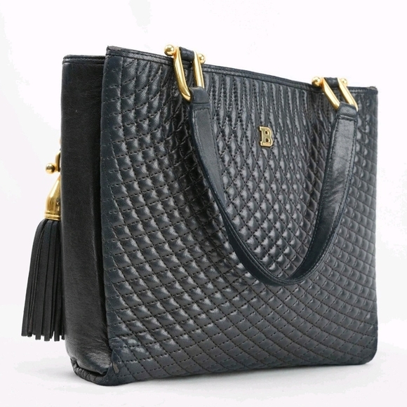 Bally Quilted Leather Tote Bag with Tassel Black Women's ( EUC ) - Picture 1 of 15